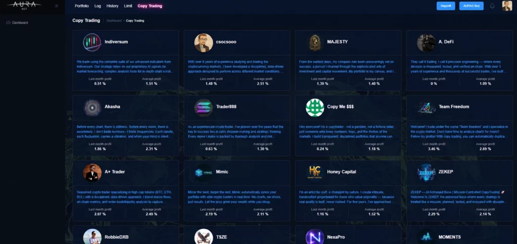 AURA DEX Copy Trading felület — profi traderek másolása